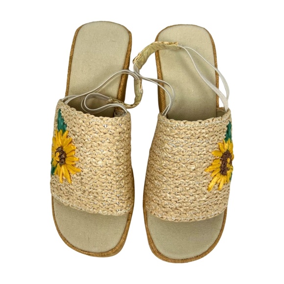 Vintage Straw Rafia Woven Wedge Heels Flowers 90s / Y2K NWOT Size 7 - Picture 5 of 8